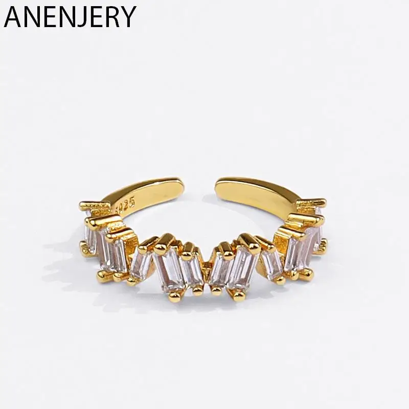 

ANENJERY Silver Color Zircon Stone Ring for Women Luxury Gold Baguette Statement Wedding Rings New