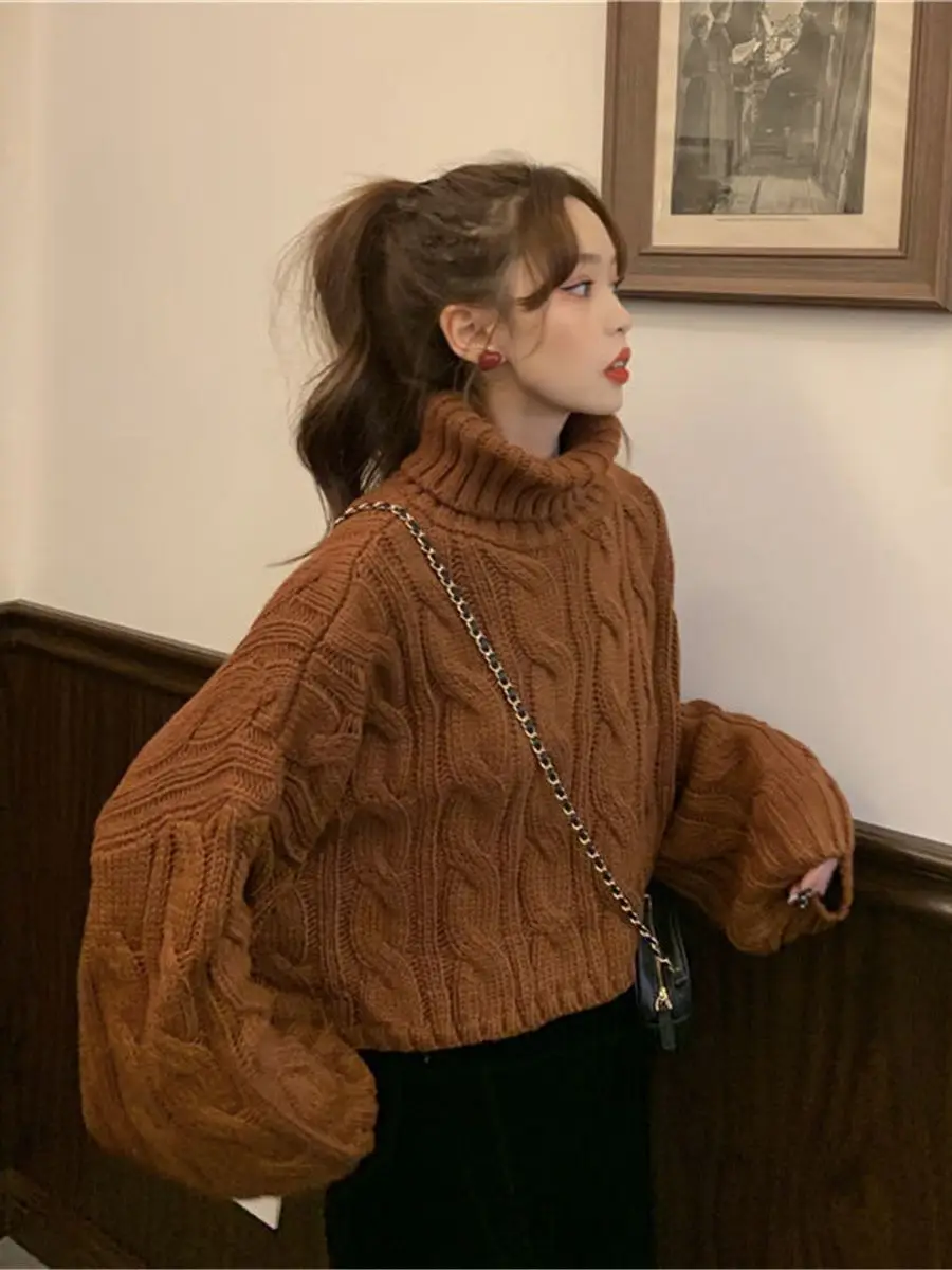 Кроп-Топ женский в стиле оверсайз пикантный вязаный свитер свободная водолазка