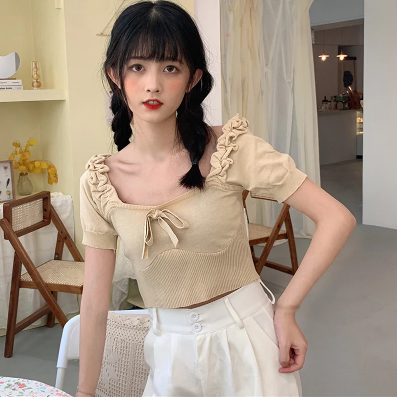 

Women's Crop Top Ruffled Pullover Workout T Shirt Solid Color Square Neck