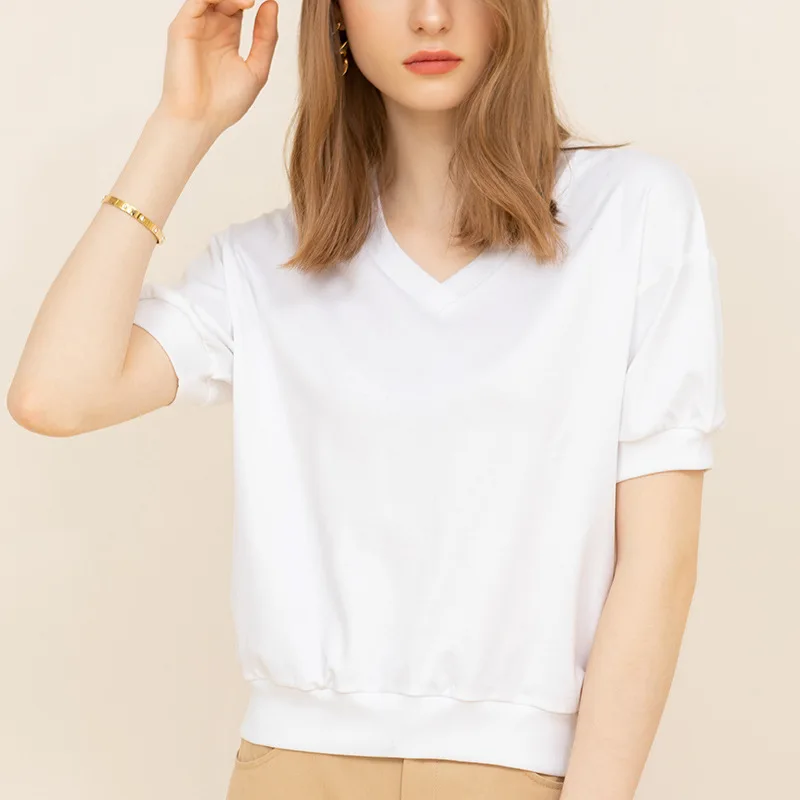 

Summer New T-shirts Casual V-Neck Solid Color Pure Cotton Short Sleeve Loose Refreshing Simple Women's Tops 2022