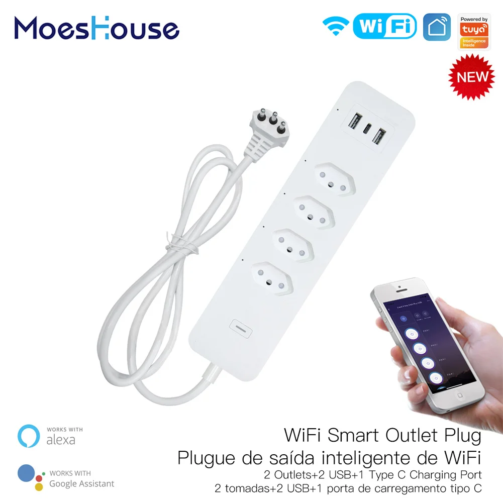 WiFi Brazil Smart Power Strip Surge Protector 4 Brazil Plug BR Outlets Socket USB Type C Tuya App Voice Control by Alexa Google