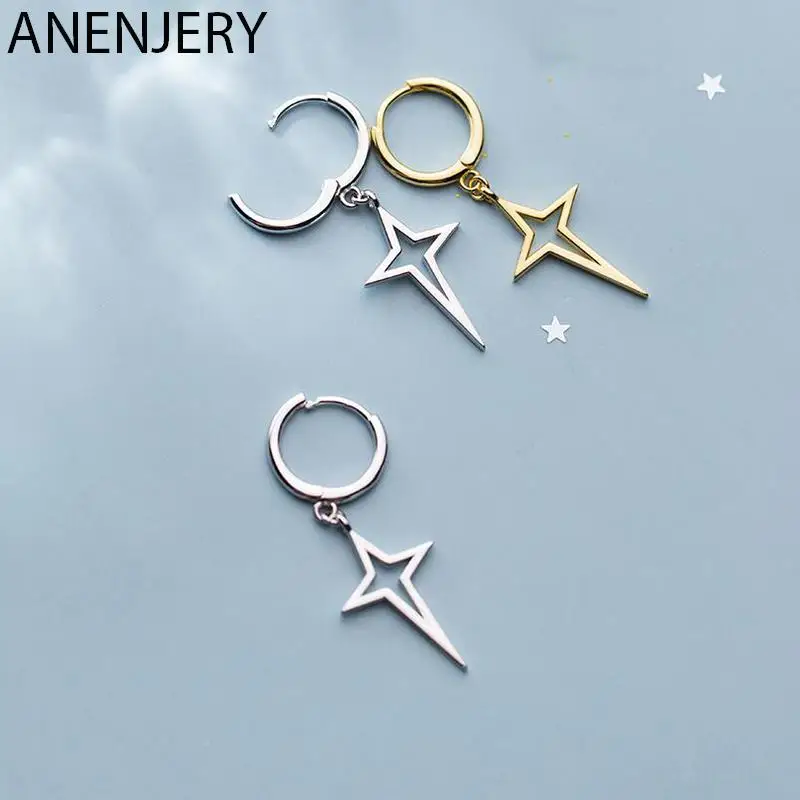

ANENJERY, 925 пробы, серебряные серьги для предотвращения аллергии, геометрические, полые, звезда, крест, подвеска, серьги-кольца для женщин, S-E1087