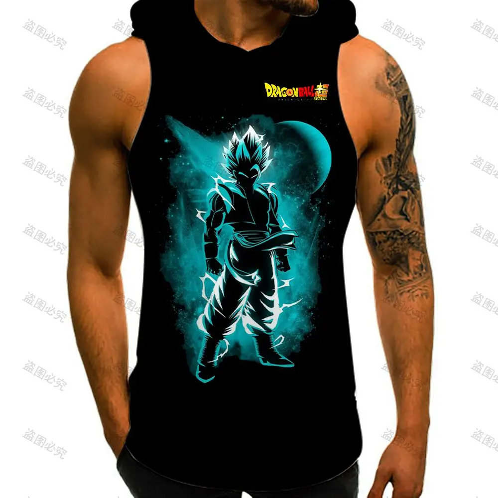 2023 Dragon Ball Z Hooded T-shirt Men's Clothes Mens Muscle Vest with Hood Super Saiyan Sleeveless Shirt Man Gym Goku Vegeta New
