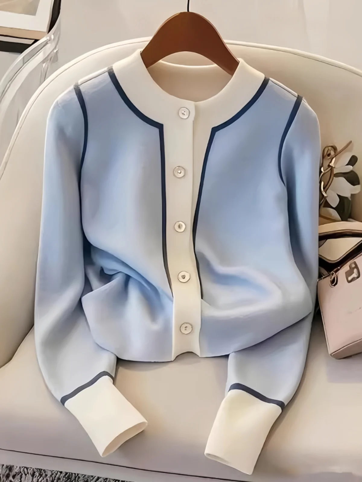 Синий вязаный мягкий клеевой свитер женская одежда осень-зима 2024 новый шикарный