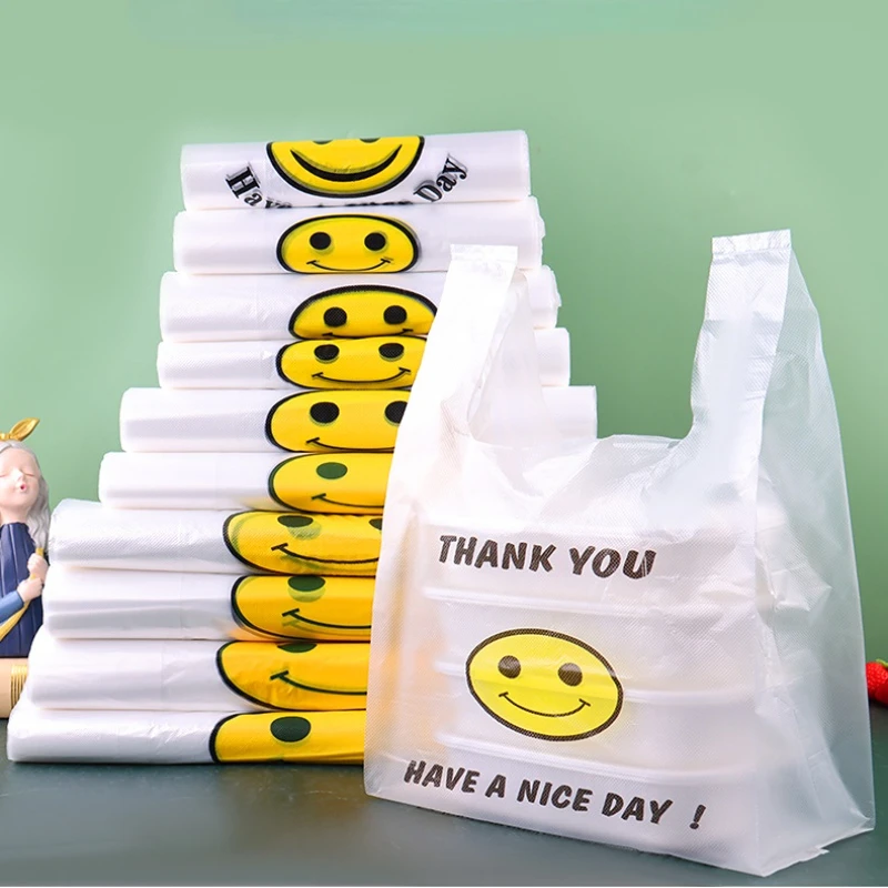 

50 Pcs Smiling Face Plastic Bag Carry Out Bags Retail Supermarket Grocery Shopping with Handle Food Packaging Home Storage