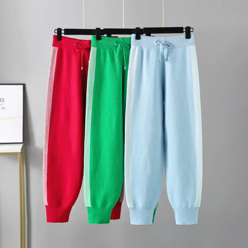 

HLBCBG Knitted Thick Warm Pants Vertival Striped Women Harem Pants Autumn Winter Solid Peg Leg Fly Pants Workwear Carrot Trouser