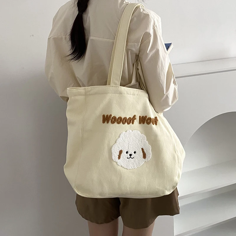

2022 Plush Dog Canvas Shoulder Bag for Women Girls Korean Fashion Large Capacity Cartoon Shopping Bag Cute Creative Cloth Bags