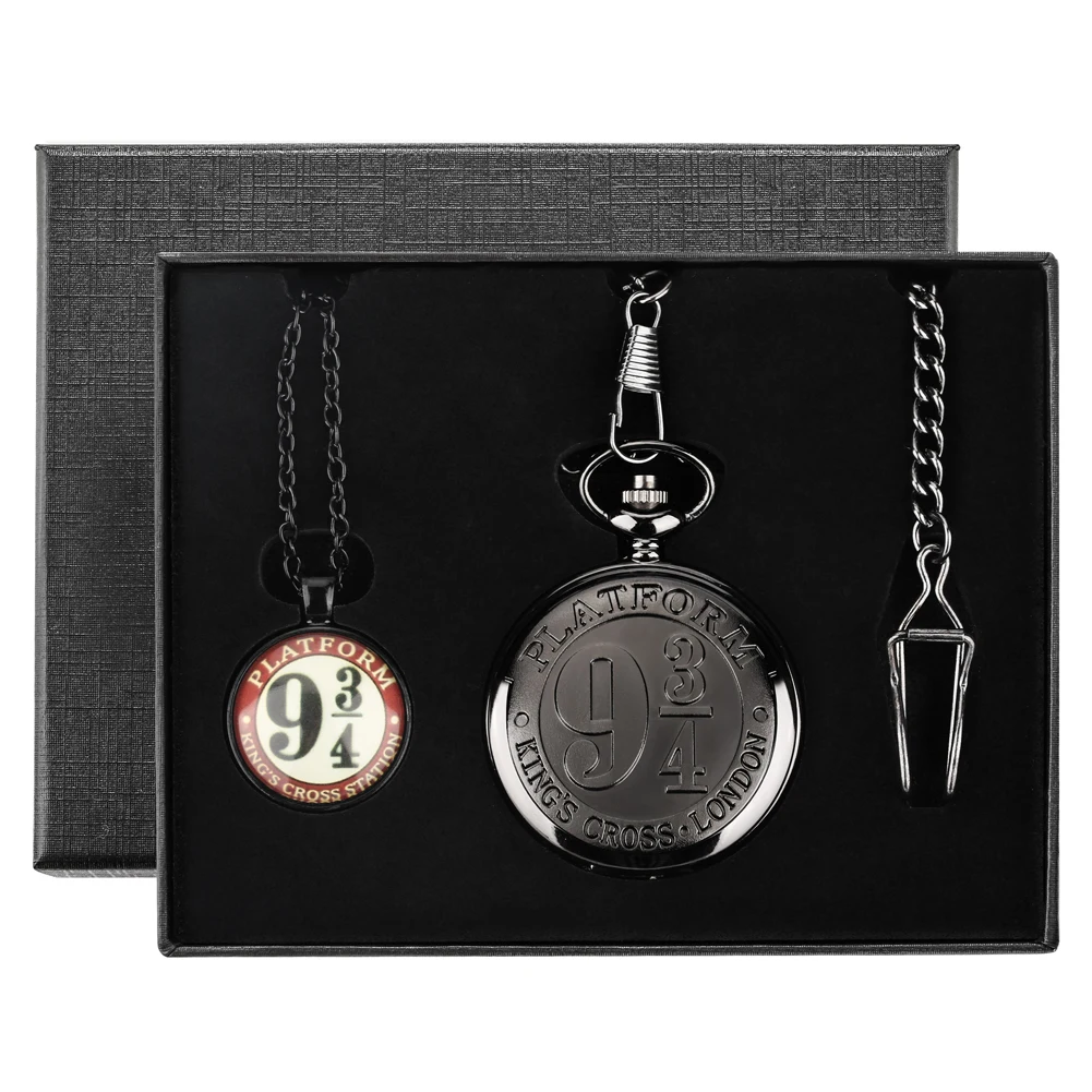 Retro Vintage Black Design Watch Gift Set Quartz Pocket Watch Necklace Chain Accessories Pendant Clock Gifts Box for Men Women