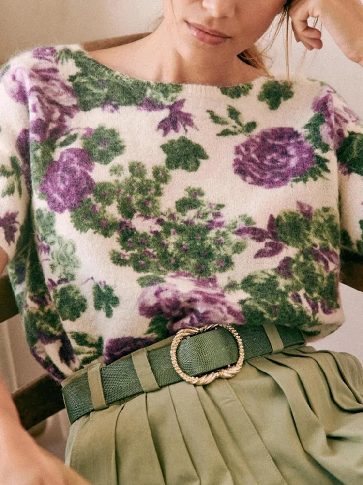 

Women Cardigan Floral Jacquard Back Single Breasted O-Neck Short Sleeve Vintage Knitted Coat