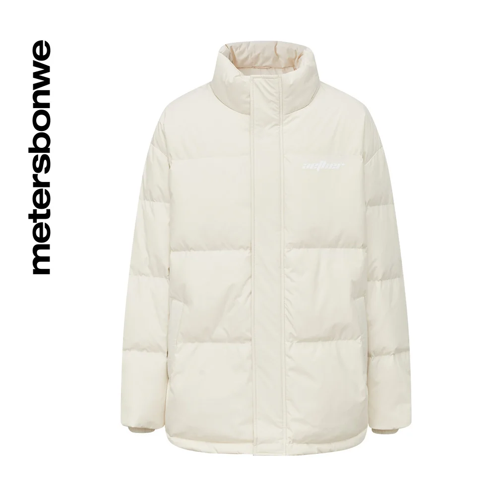 Metersbonwe Men's Solid Color Down Wear Loose 80% Duck Down Windproof  Stand Collar Warm Wear Winter Letter-Printed Down Coat