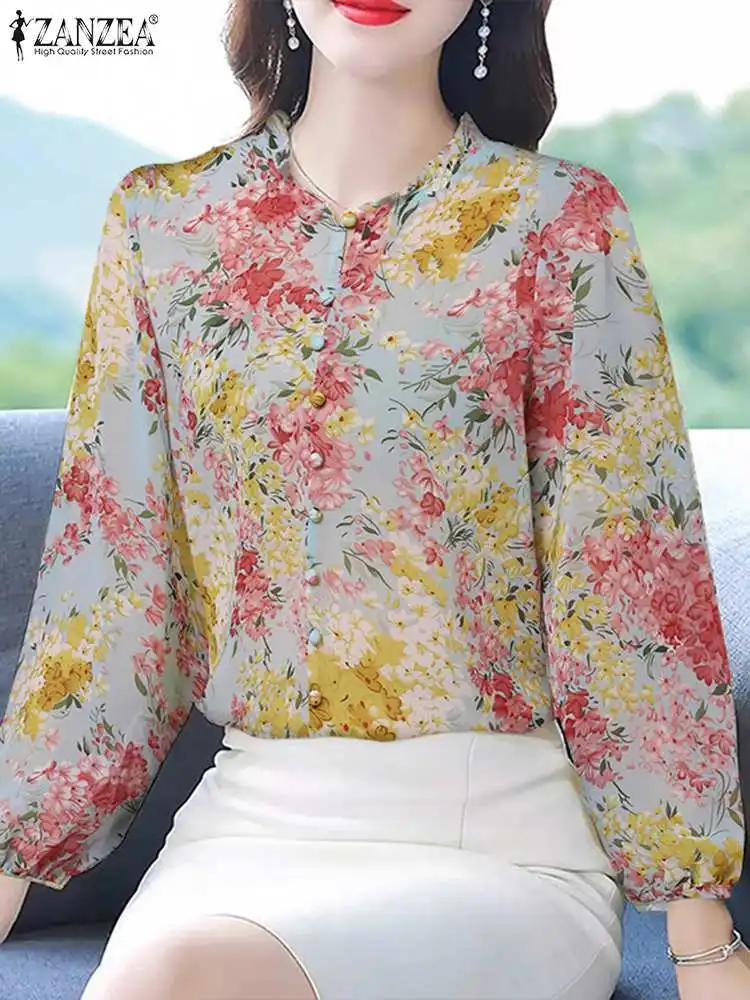 

ZANZEA 2023 Autumn Chemise Bohemian Blouse Long Sleeve Floral Print Shirt Fashion Women Round Neck Vintage Buttons Pleats Tops