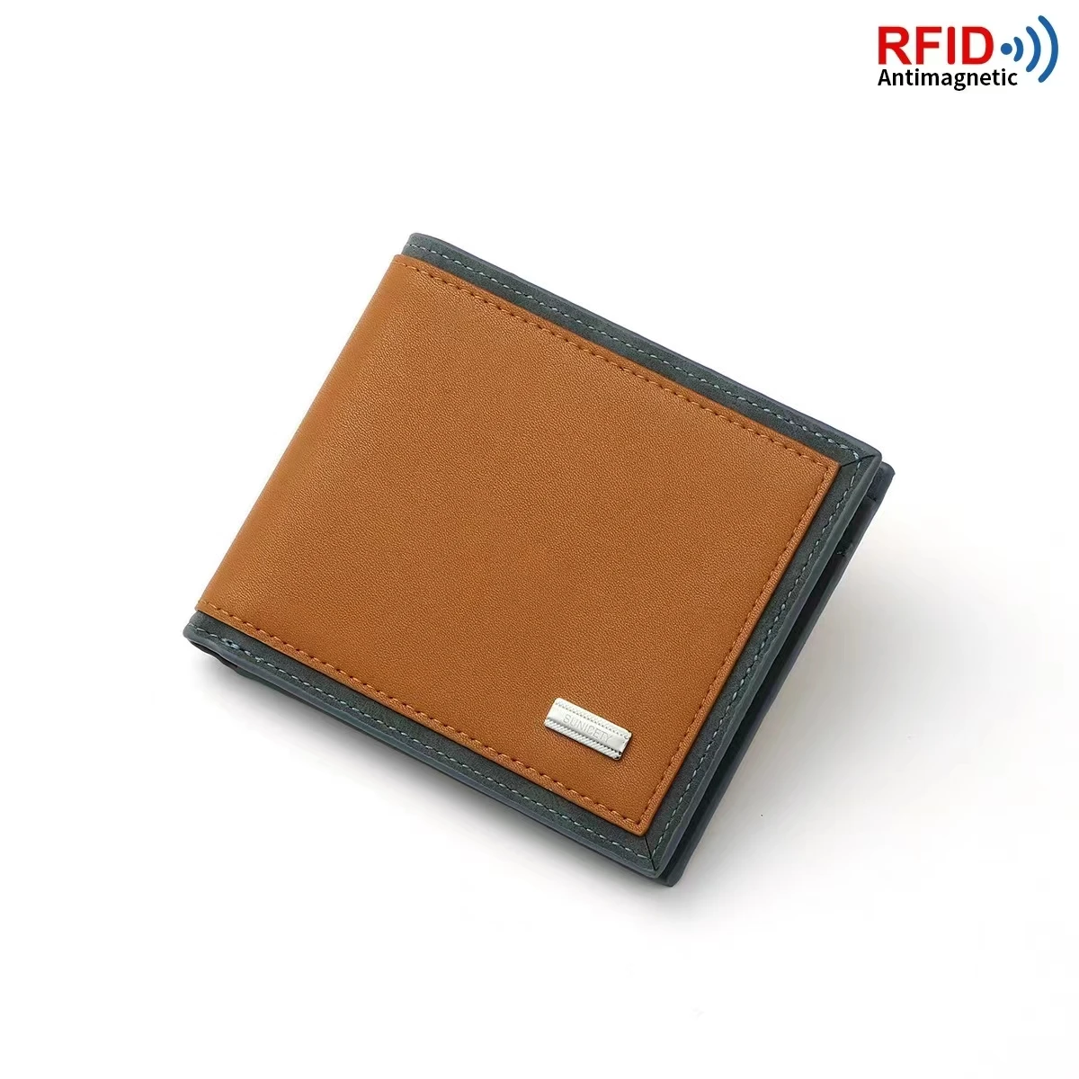 New Creative High-Quality Leather RFID Anti-Theft Brush Short Korean Frame Splicing Metal Logo Casual Men's And Women's Wallet