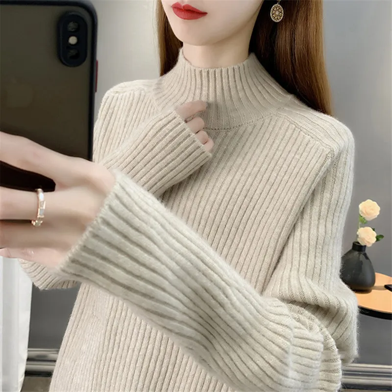 Весенне-осенний вязаный свитер с высоким воротником и длинным рукавом женский