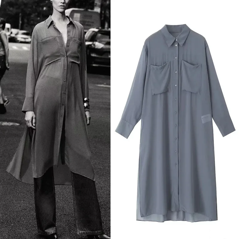 

TRAF Gray Shirt Women 2023 Vintage Lapel Button Pocket Long Tunic Female Clothing Long Sleeve Top Autumn Sexy Semi-Sheer Blouse