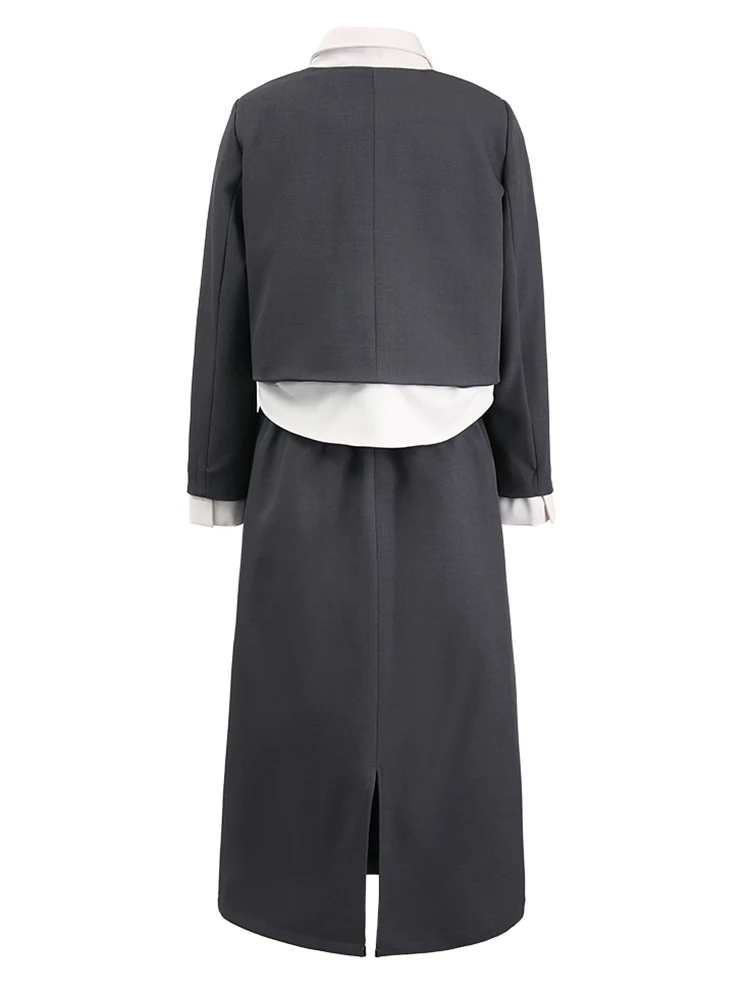 [EAM] Серая куртка с цветными блоками юбка до половины тела костюм из двух