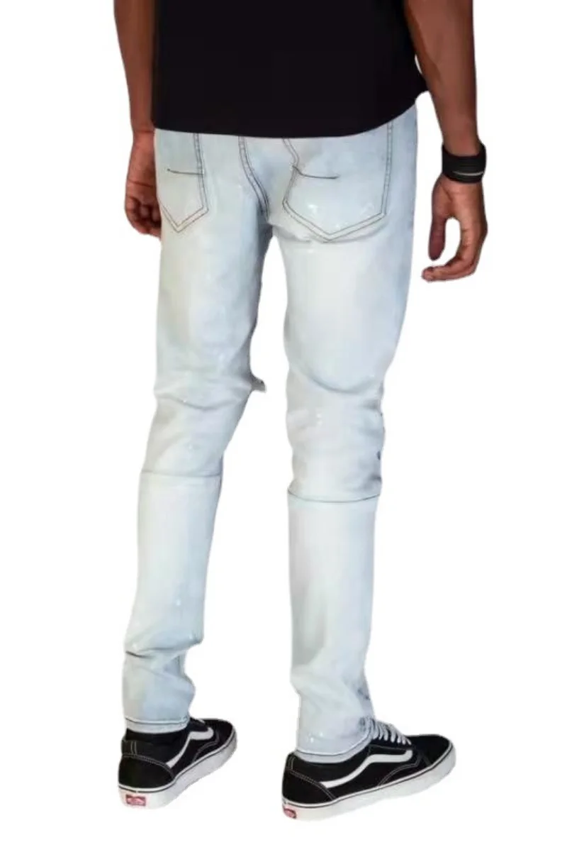 Mens Jeans Fashion Skinny Ripped Footline Zip Pants Patch Ripped Denim Pant for Men