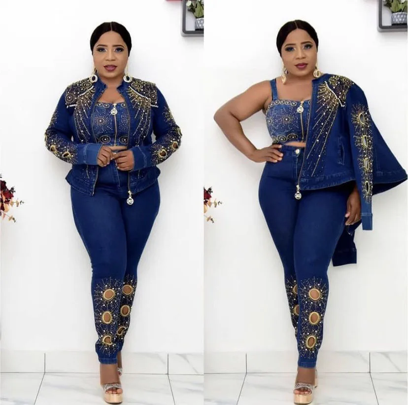 2022 Casual African Denim 3 Piece Sets Ladies Full Sleeve Tops And Pants With Bra Sets Fashion Flowers Tracksuit Sets For Women images - 6