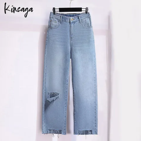 Женские прямые джинсы с рваными дырками Mom 6xl, подходящие ко всему брюки бойфренда длиной до щиколотки, джинсы из джинсовой ткани с эластичной талией, брюки с заусенцами на подоле, брюки 9/10