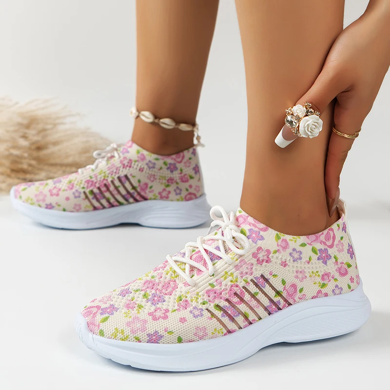 

Модные дышащие сетчатые кроссовки с принтом для женщин 2023: легкие Нескользящие кроссовки на плоской подошве, удобные слипоны для прогулок