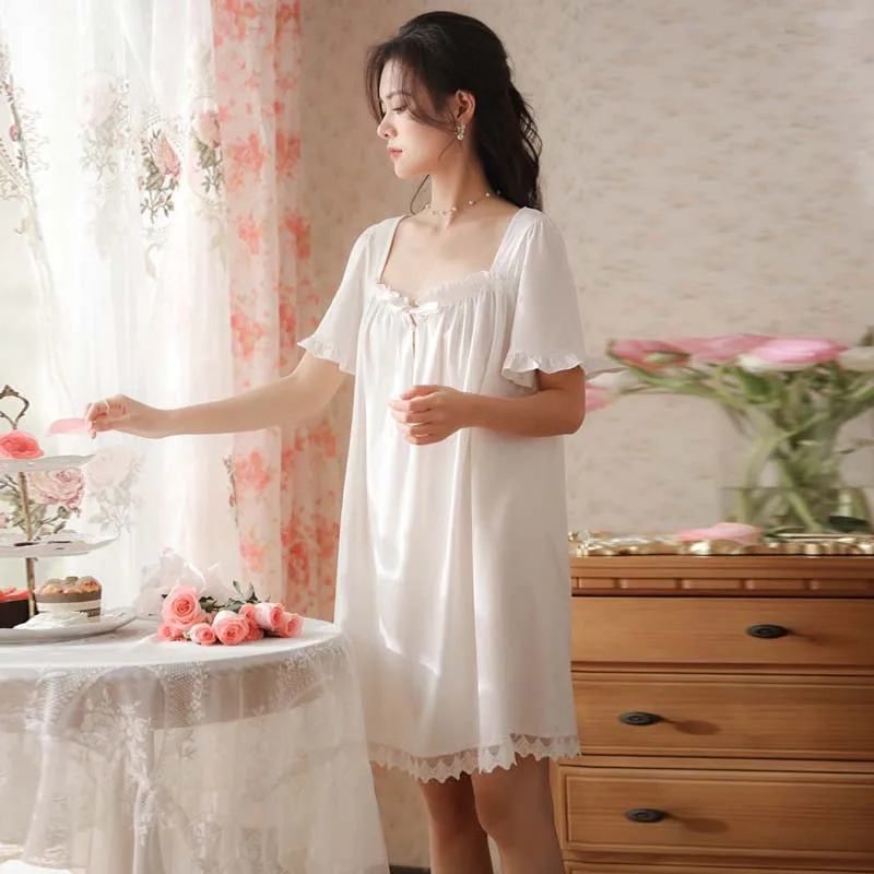 Roseheart Women Homewear Female Cotton White Sexy Sleepwear Nightdress Lace Nightgown Sleepwear Luxury Gown Dress Nightwear