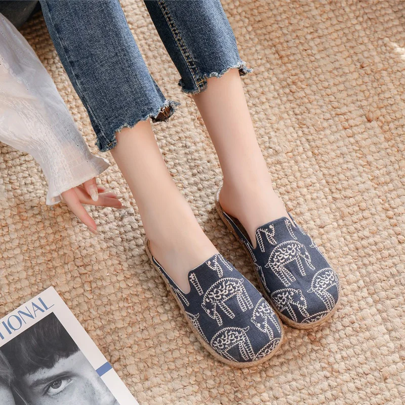 Women Casual Linen Handmade Embroidery Mules Flat Slippers Retro Vegan Summer Ladies Canvas Comfortable Espadrille Shoes