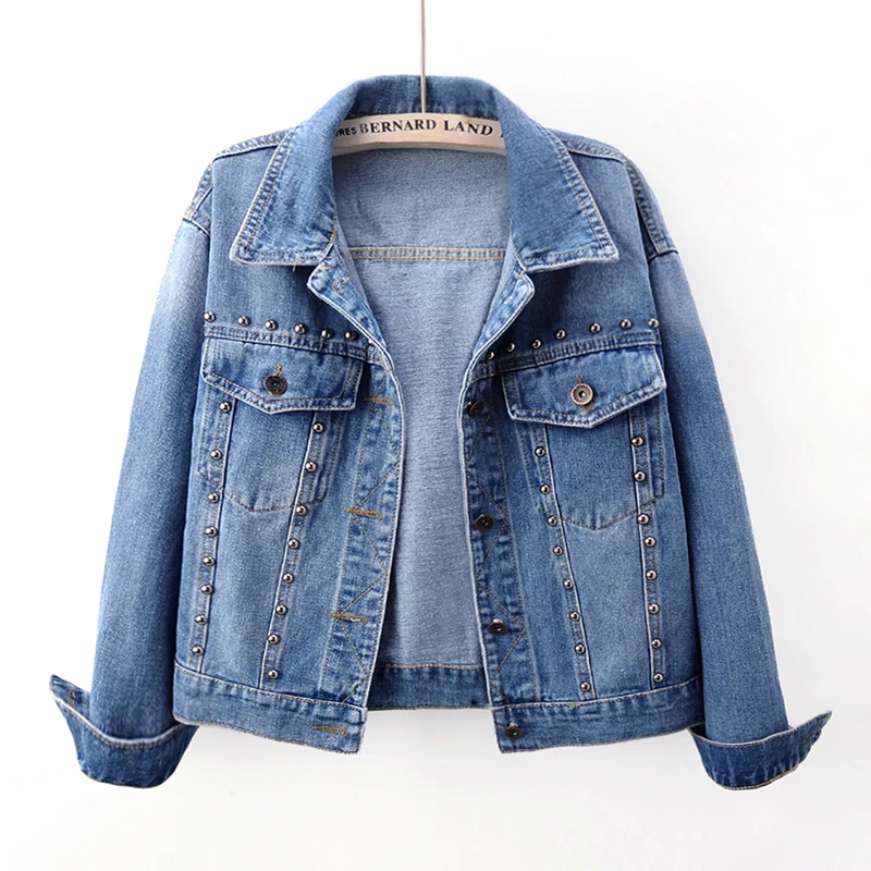 

Vintage Blue Rivet Denim Jacket Coat Women Loose Short Cowboy Outerwear Autumn Korean Big Pocket Long Sleeve Jeans Jacket Female