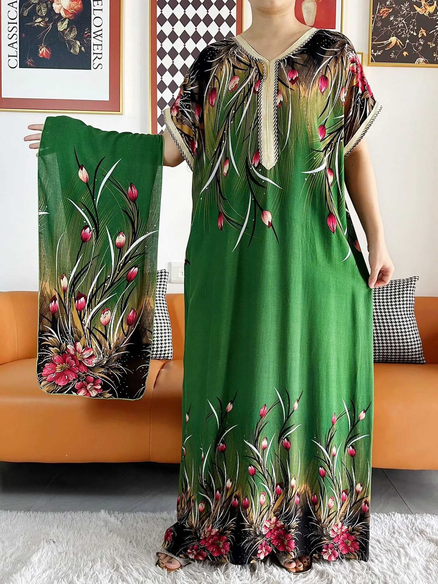 

New Arrival African Style Summer Short Sleeve Dresses Floral Embroidery Loose Boubou Maxi Islam Women Dress African Abaya Clothe