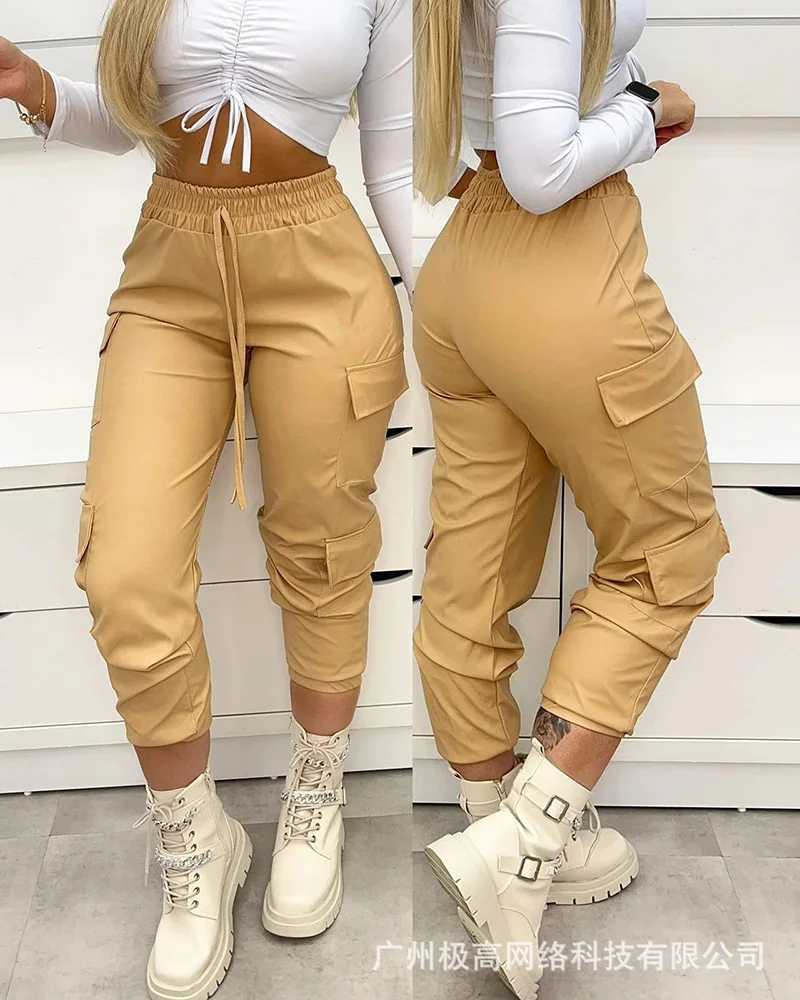 

Casual Women Khaki Pants 2022 Summer New Fashion Drawstring Overalls Tight Trousers