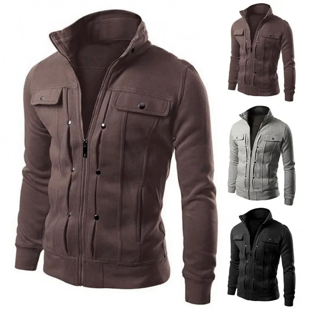 

Plus Size Men Solid Color Stand Collar Long Sleeve Zip Pocket Slim Jacket Coat