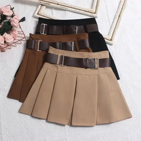 With Belt Pleated Skirts Korean Fashion Women All-Match Pink High Waist Mini Skirts 2023 New Street Plaid Skirts Student Uniform