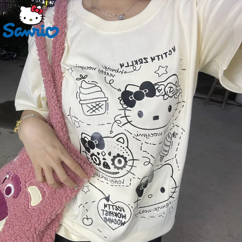 

Sanrio Hello Kitty Cotton Cute Oversized T-shirt For Women Summer Fashion Harajuku Short Sleeve Y2k Top O-neck Print Funny Tees