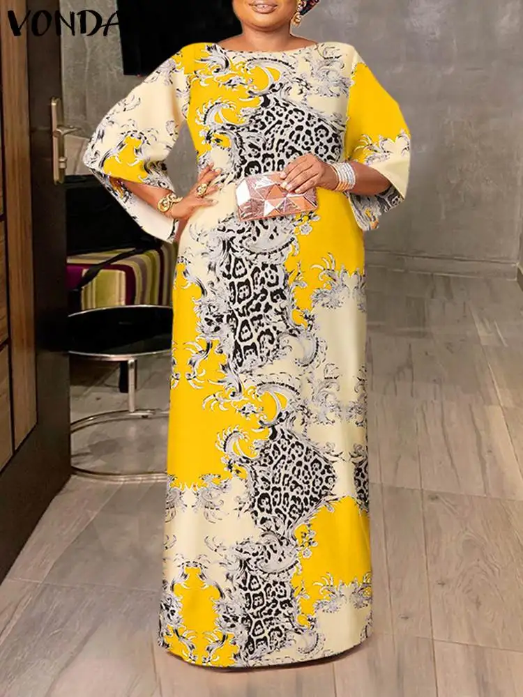 

Autumn Long Dress 2023 VONDA Fashion Women 3/4 Sleeve Bohemian Pleated Vintage Printed Holiday Party Maxi Dresses Casual Robe
