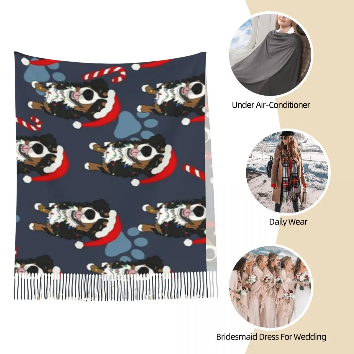 Женский шарф с кисточками Рождественская Бернская горная собака Длинная зимняя