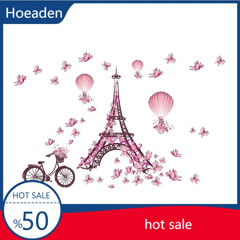 

Eiffel Tower Pink Butterfly Living Room Bedroom Background Decorative Wall Sticker Decals Self-adhesive Mural Poster