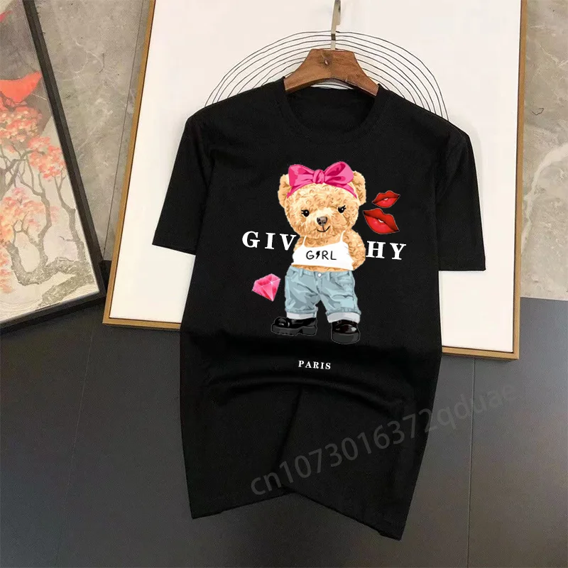 

Womens Cotton Bear Graphic Printing Short Sleeves High Quality Oversized Summer Hip Hop Tees Luxury Brand Clothing Casual Tops