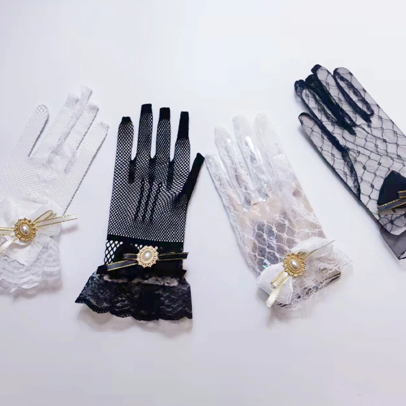 

Japanese Soft Girl Black White Lace Gloves Girl gothic Lolita Mesh Bow Flower Lace Gloves Sweet Wristband Maid Cosplay Jewelry