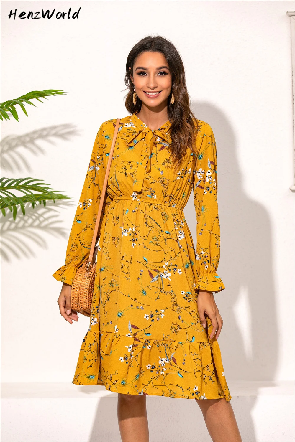 

Женское летнее платье HenzWorld, коллекция 2022 года, модные платья с цветочным принтом и длинным рукавом, винтажные шифоновые платья с галстуком-...