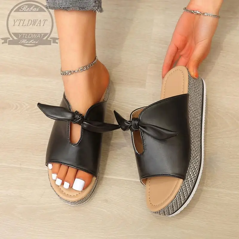 2022 New Summer Women Leisure Fashion Bow Flat Sandals Comfortable Soft Bottom Women's Breathable Beach  Large Size 36~43