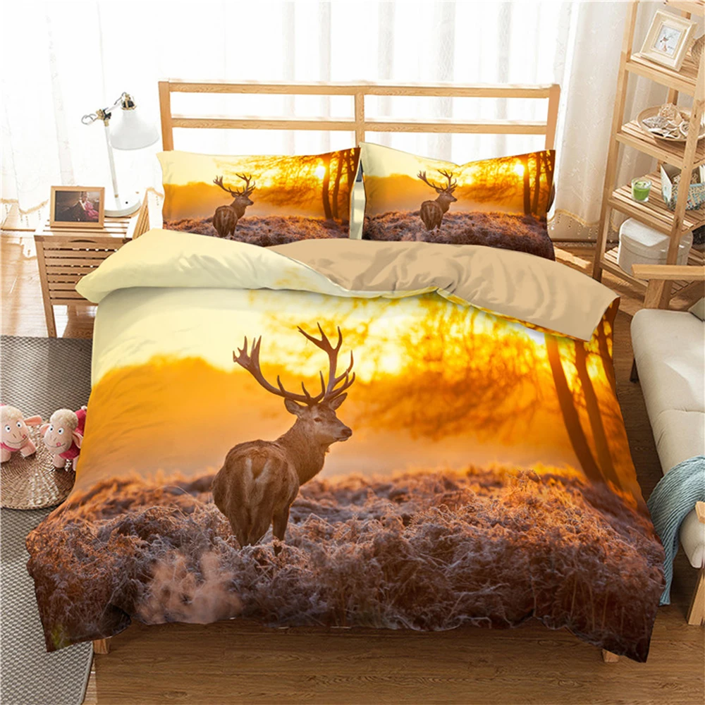 

Popular 3D Wildlife Deer Bedding Set Cute Animal 2/3Pcs Full Size Quilt/Comforter Cover For Teens Kids Bedroom Summer Bedclothes