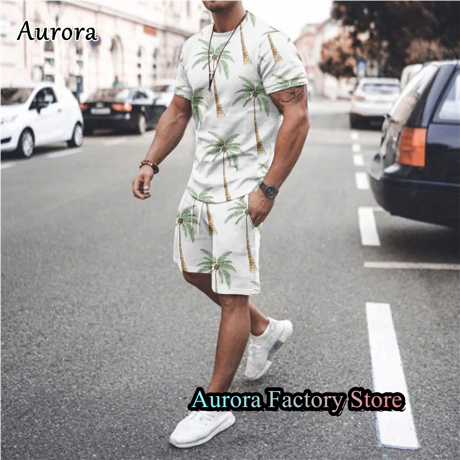 Men Summer Casual T-Shirt Shorts Set 3D Coconut Print Tracksuit Fashion Suit Hawaiian Style Outfit Male Oversized Clothing