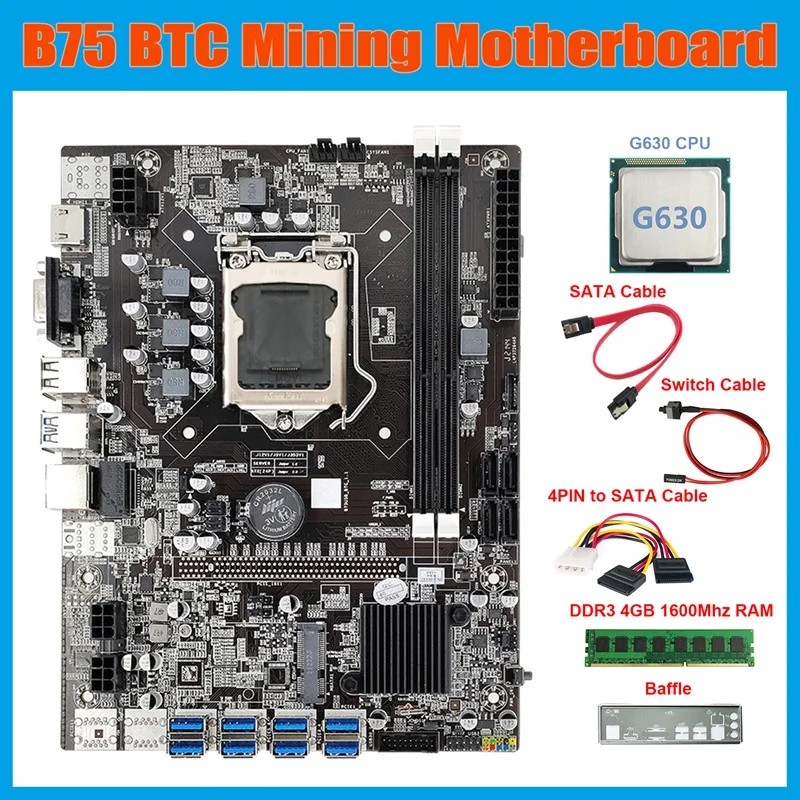 B75 8USB ETH Mining Motherboard+G630 CPU+DDR3 4GB 1600Mhz RAM+4PIN To SATA Cable+Switch Cable+SATA Cable+Baffle