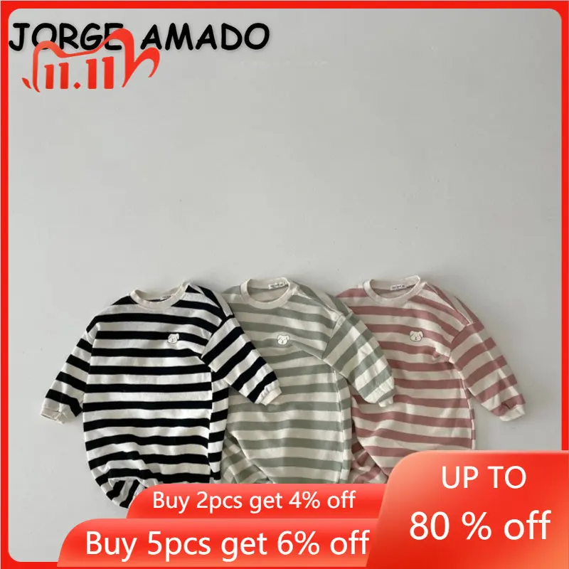 

Детский хлопковый комбинезон в полоску, с длинным рукавом и круглым вырезом