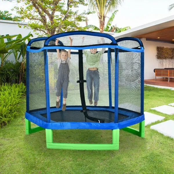 

Home Sport Fitness 7FT Blue Guard Bar Blue Cover Green Feet Mini Hexagonal Outer Net Trampoline With Safety Enclosure Trampoline
