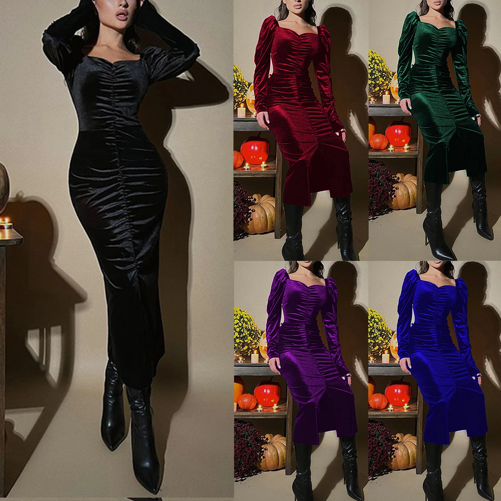 

Женское платье-туника макси, вечернее платье с длинным рукавом, соблазнительное приталенное однотонное платье с пышными рукавами и разрезом спереди, праздничная одежда