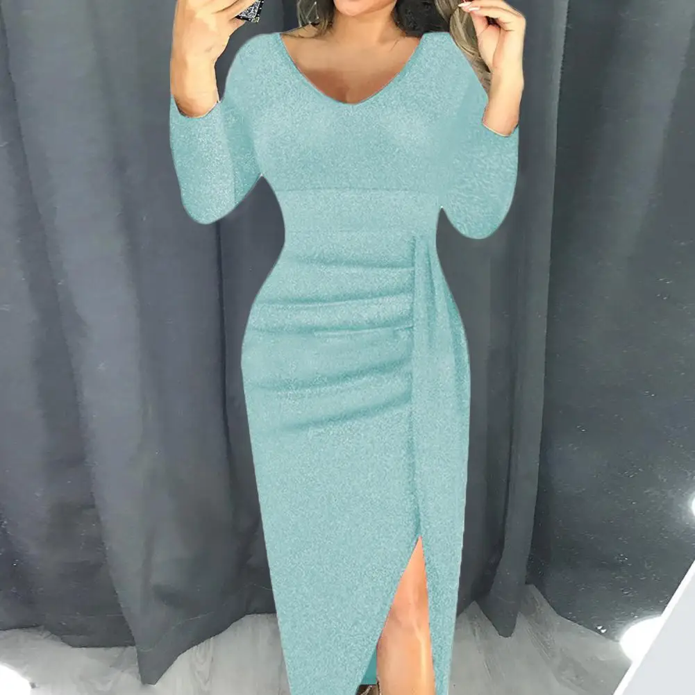 

40%HOTSkinny Ladies Dress Solid Color Shirring Sexy Women Sheath Dress for Party