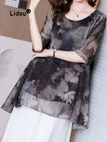 simple fashion large size top women 2022 new summer loose round neck comfortable office lady all match printing chiffon shirt