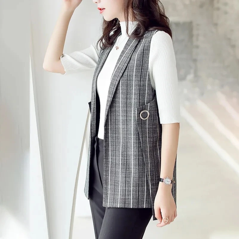 

2022 Spring Autumn Plaid Waistcoat Casual Tops Tank Coats Fashion Women Jacket Blazer Sleeveless Vests Outerwear