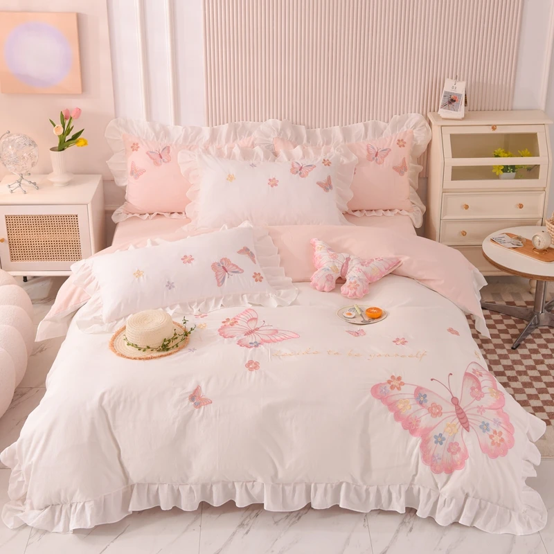 الوردي فراشة التطريز الأميرة طقم سرير الكشكشة 400TC غسلها لحاف من القطن غطاء طاقم لحاف أغطية سرير سادات