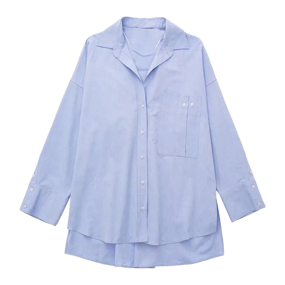 

Women's 2022 Fashion New Button Decoration Pocket Solid Color Shirt Retro Long Sleeve Irregular Female Chic Top Mujer