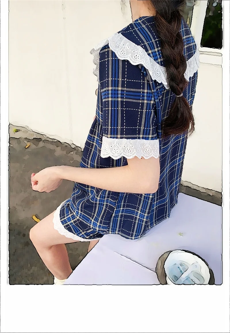 Spring Pajamas Set Short Sleeve Shorts Sexy Plaid Lace Bow Decorate Pyjama Big Size Mom Homewear Cozy Plus Princess Sleepwear